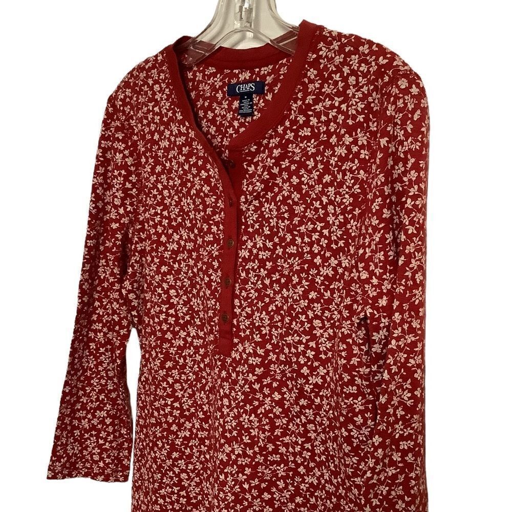 CHAPS Ditzy Print Red Long Sleeve Henley Top - Picture 3 of 9